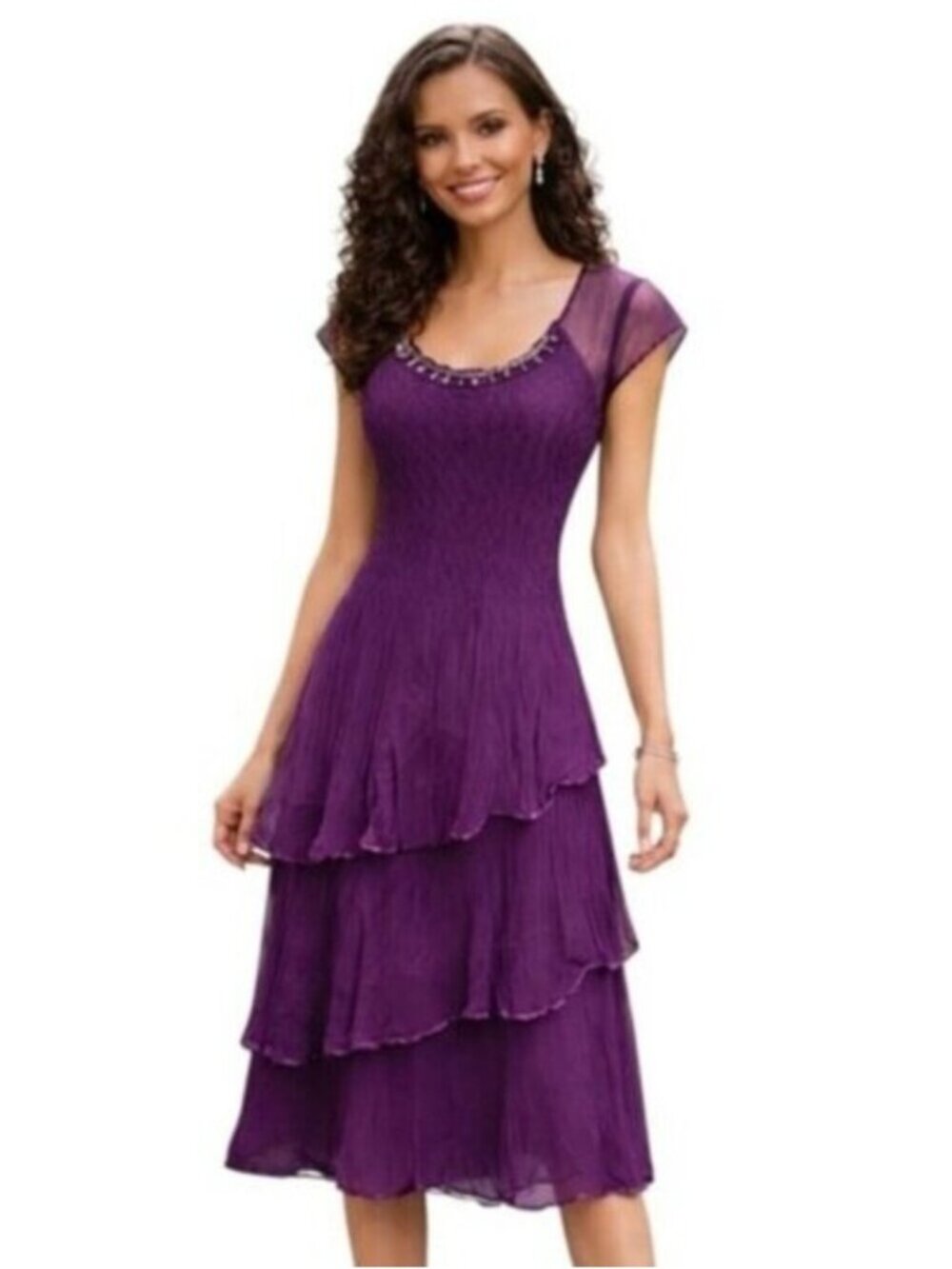 Komarv Vintage Purple Chiffon Beaded Scoop Neck Tiered Midi Dress